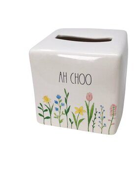 Rae Dunn Tissue Box Cover Holder Ah Choo Floral Spring Flowers Ceramic Square